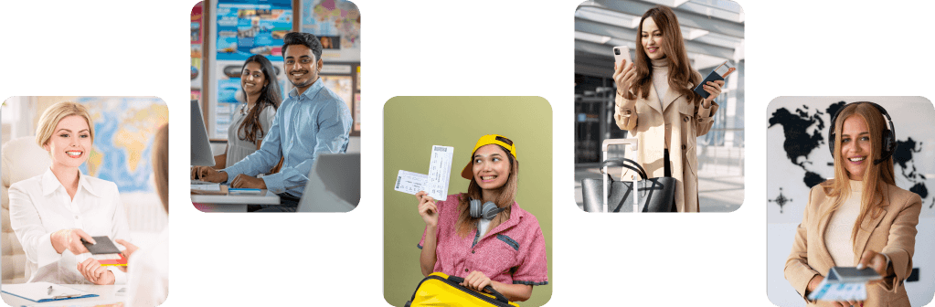 travel agent assisting customer with flight booking